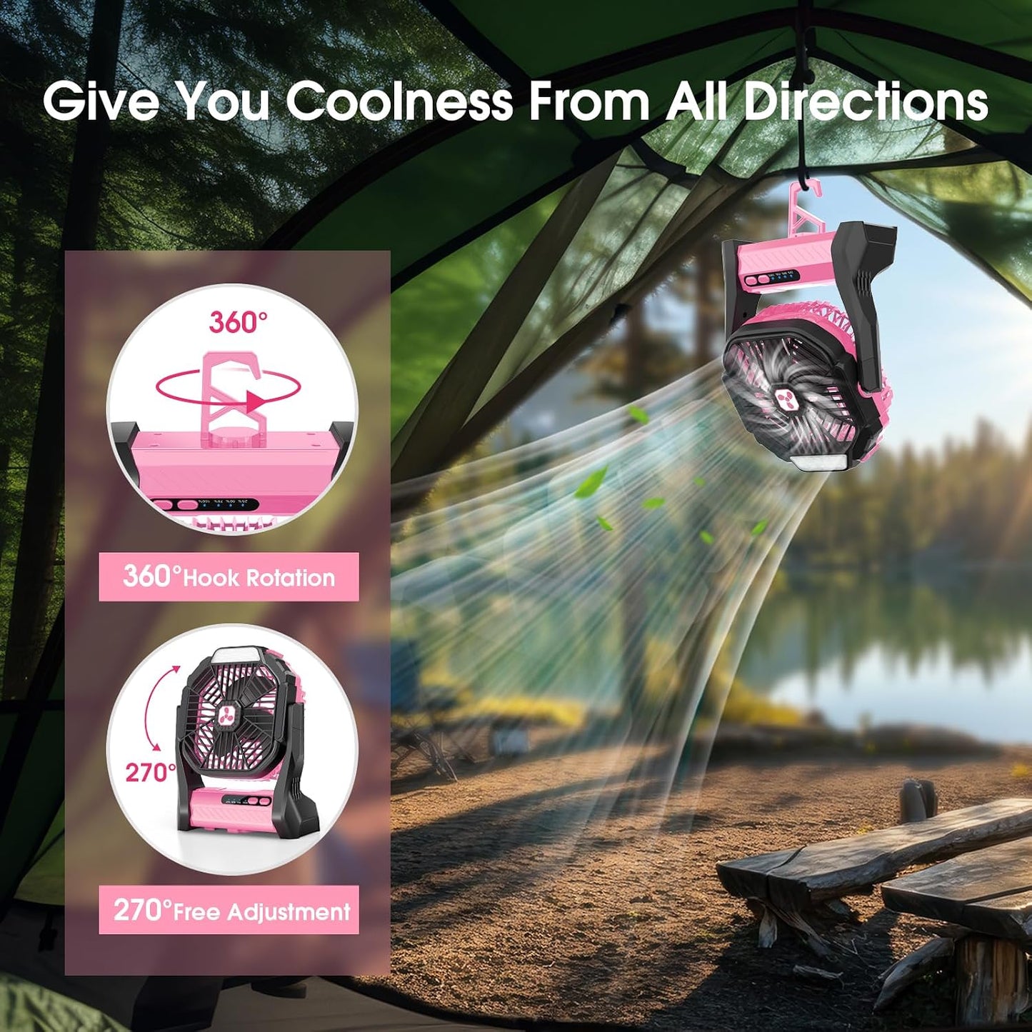 Peouix Portable Rechargeable Fan, 20000mAh Cordless Battery Powered Camping Tent Fans with LED Lantern, Operated Outdoor Ventiladores for Travel Camp Fishing Office Home Essentials | Pink
