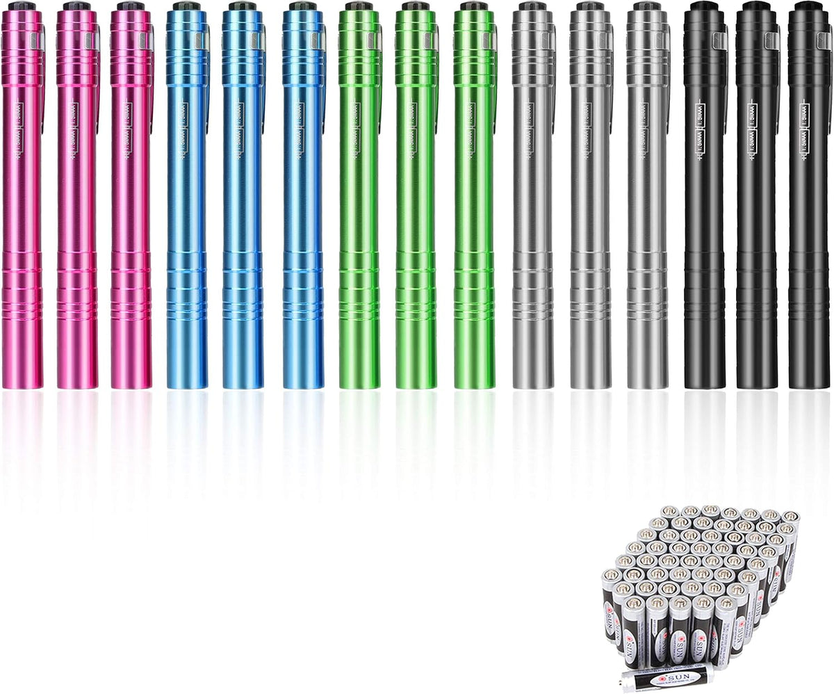 15-Pack LED Pen Light with Clip | Pocket Flashlight Including 30 Dry Batteries, Portable Pen Flashlight for Inspection, Camping, Emergency & Training Use