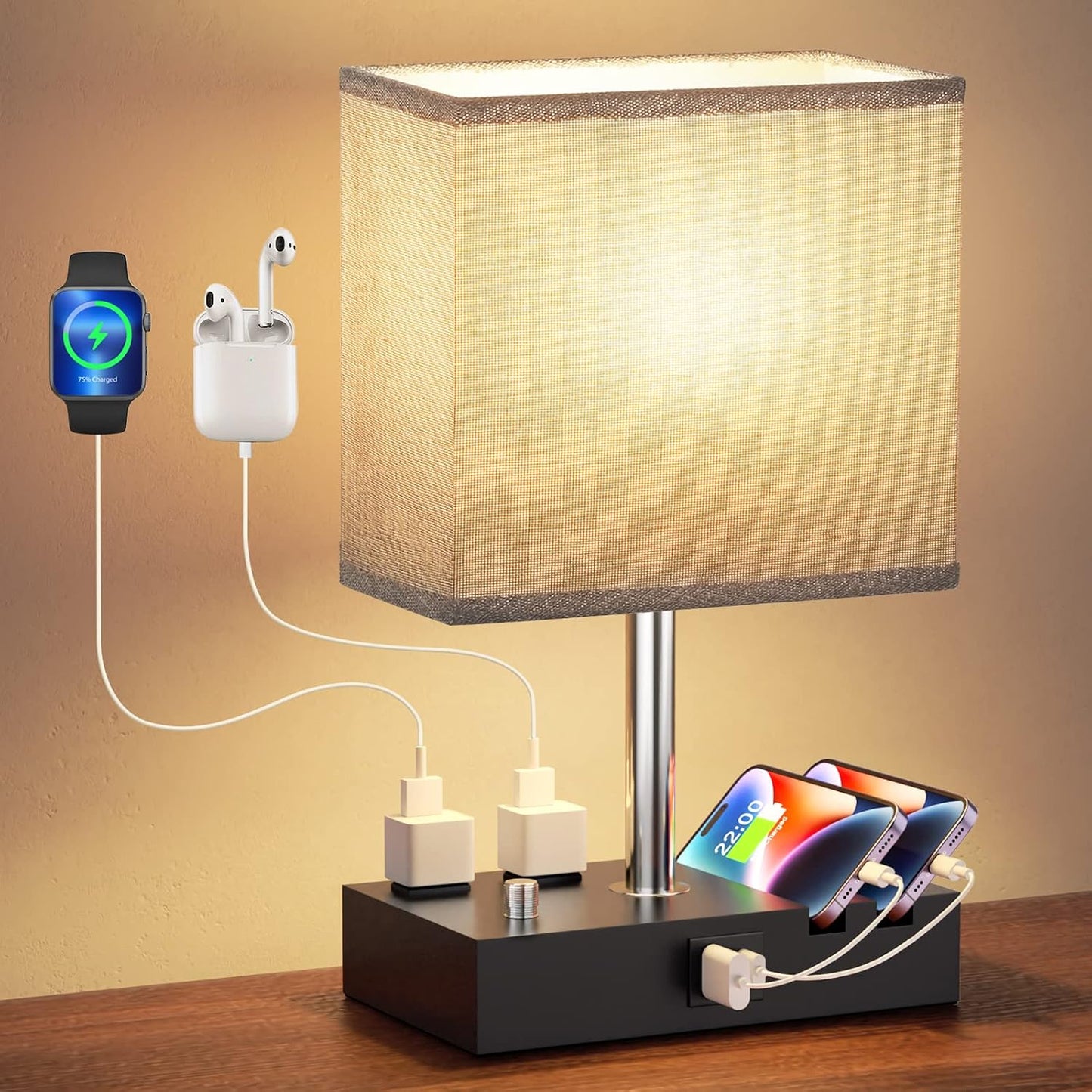 Bedside Table Lamp for Bedroom Nightstand - Stepless Dimmable, 2 AC Outlets | Dimming By Rotary Knob, USB C+A Ports, 2 Phone Stands, LED Bulbs Included, Rectangle Grey Fabric Shade, for Living Room, Desk