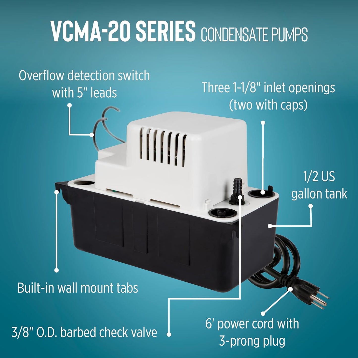 Little Giant VCMA-20ULS 115 Volt, 80 GPH, 1/30 HP Automatic Condensate Removal Pump for HVAC/Refrigeration Systems/Dehumidifiers with Overflow Detection Switch and 6-Foot Cord, White/Black, 554425