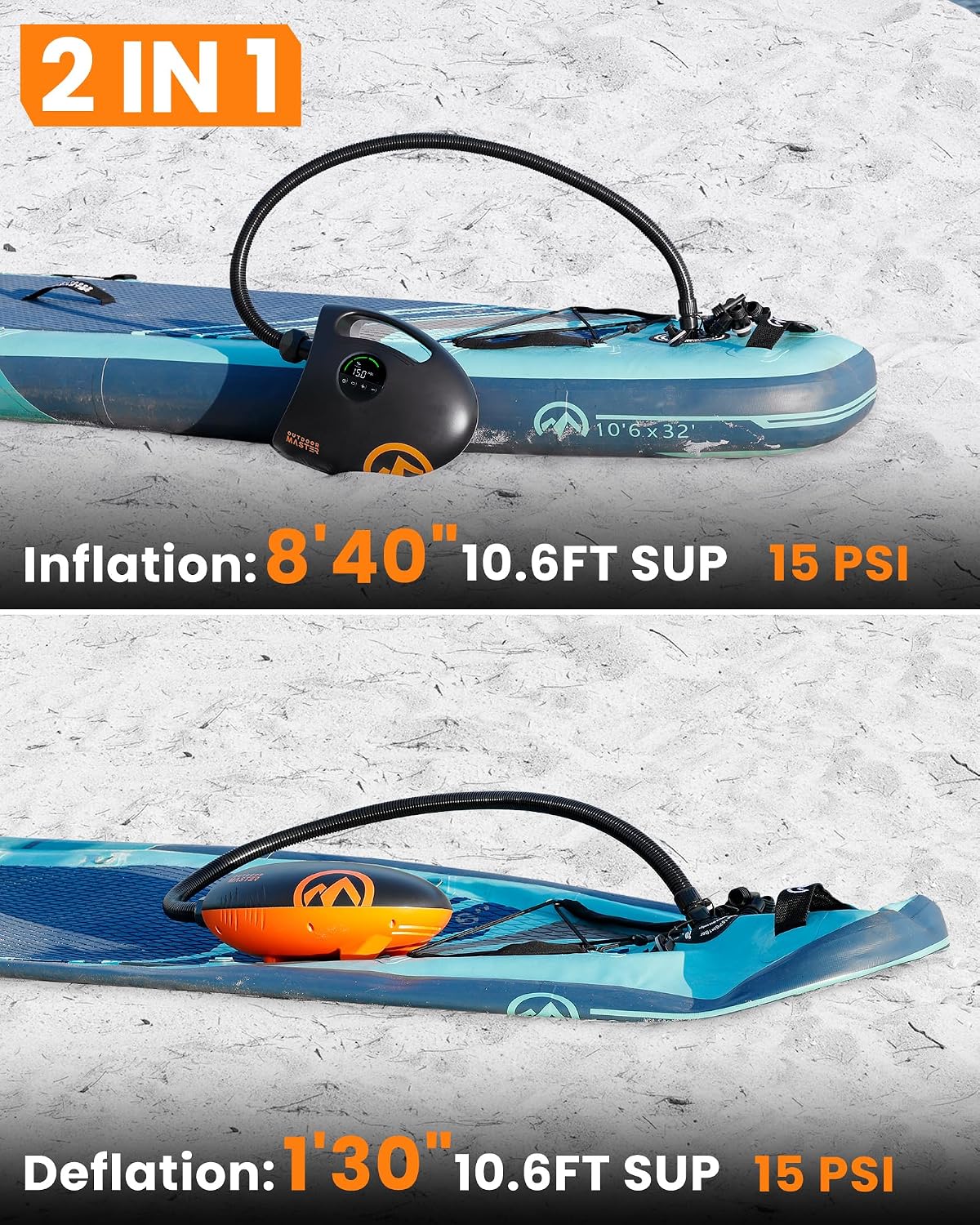 OutdoorMaster Shark 2S 88.8Wh Electric Paddle Board Pump Inflate & Deflate | 88.8Wh Rechargeable SUP Air Pump, One Charge for 6 SUPs,12V/15.8V DC Input, Digital Display, 20PSI, Auto-Off, 8 Nozzles