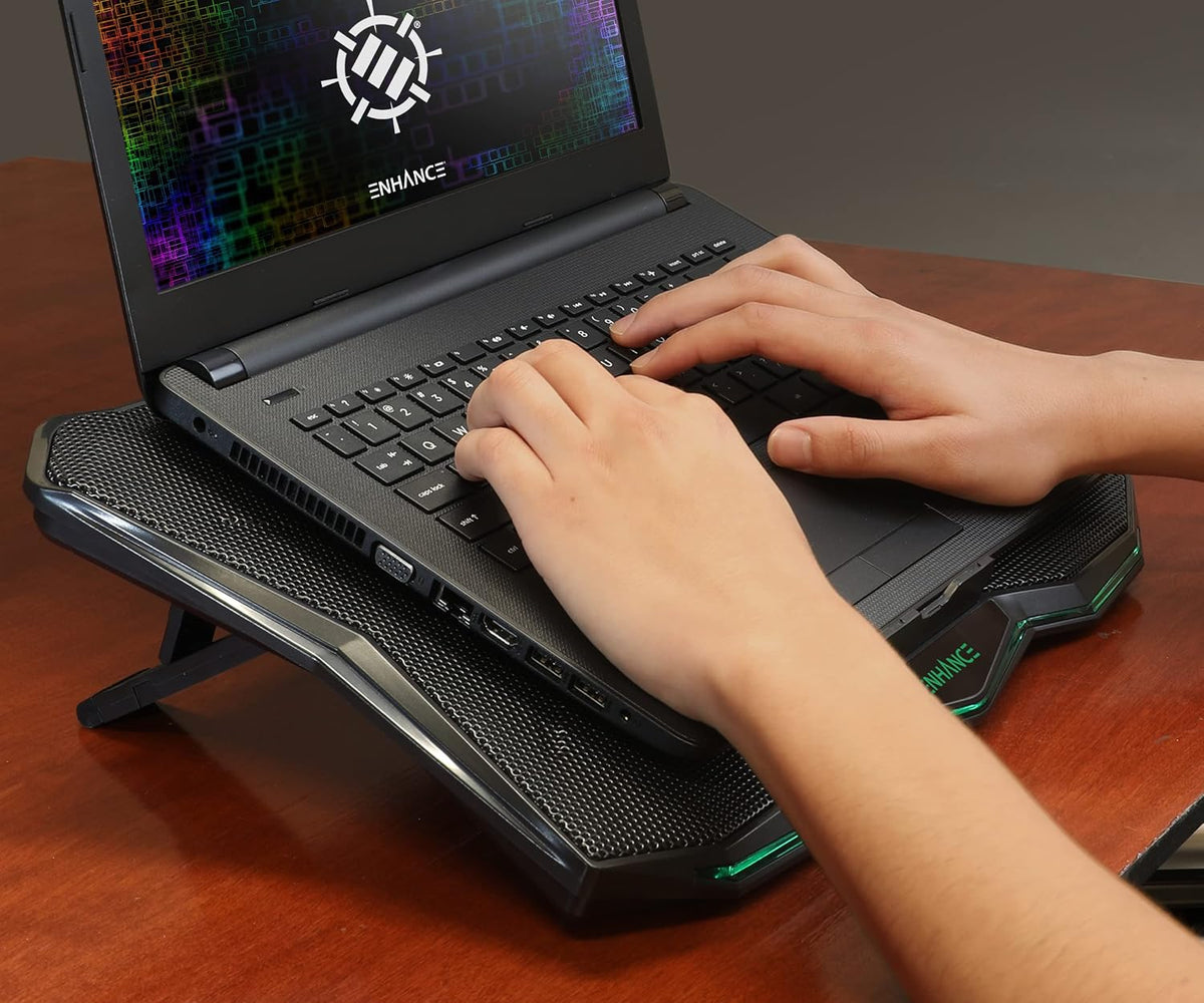 ENHANCE Cryogen 5 Gaming Laptop Cooling Pad Stand - Laptop Cooler with 7 Adjustable Height Settings & Dual USB Ports up to 17 inches - 1 Ultra Quiet High Performance LED Fan 800 RPM - Green