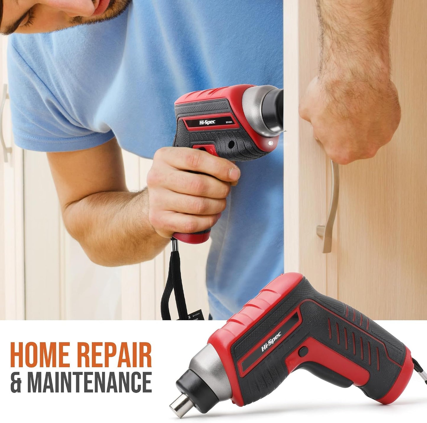 Hi-Spec 3.6V USB Electric Screwdriver for Home Repairs and Assembly, Red | 35pc, fast assembly help, common screw bit selection, LED visibility, compact grip, quick household fixes, organized storage