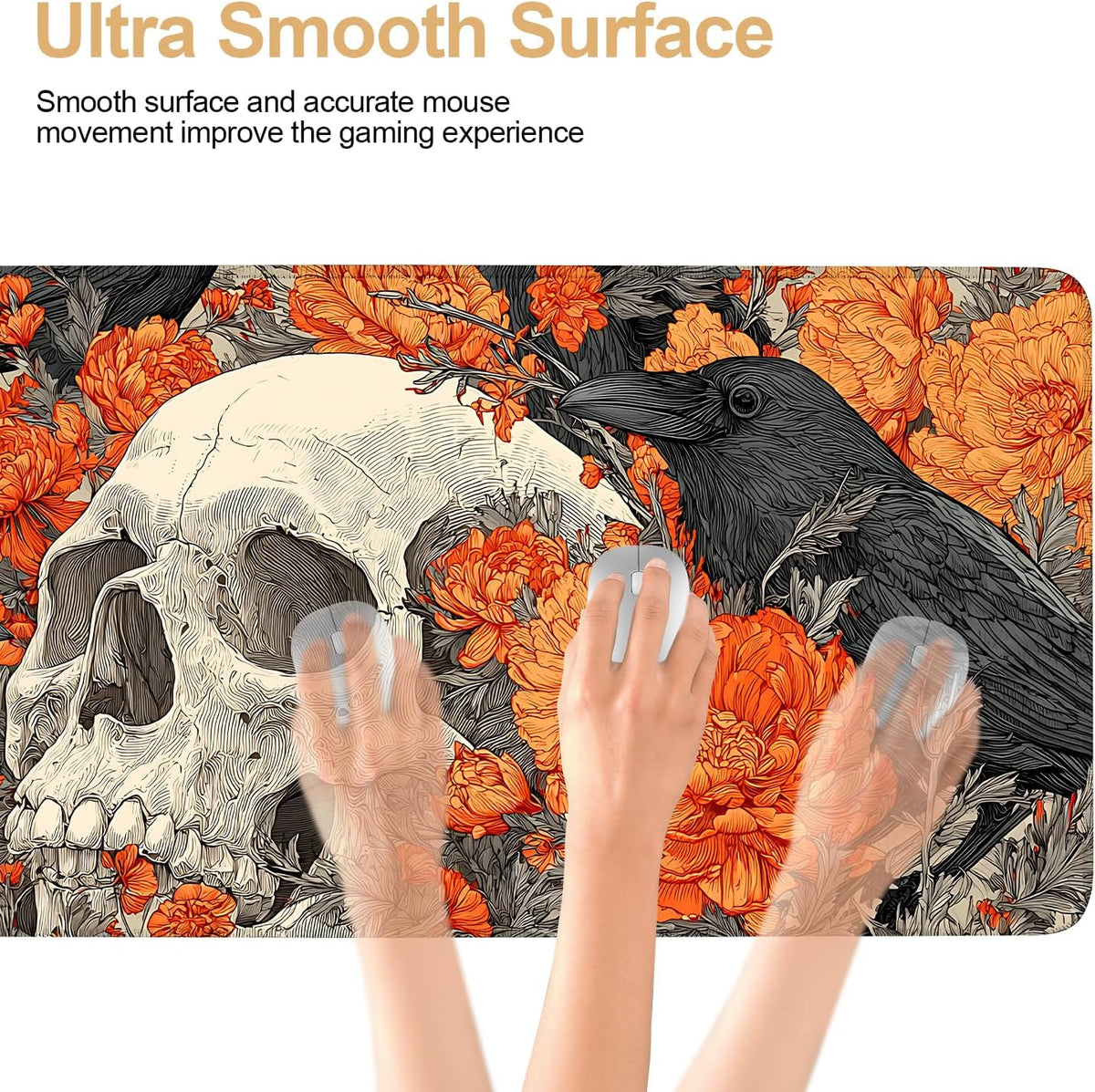 Mouse Pad Desk Mat for Desktop, Large 35.43" x 15.75" Extended Gaming Mousepad with Skull and Raven Design, Waterproof Non-Slip Rubber Base, Computer Laptop Desk Accessories for Women Men Home Office