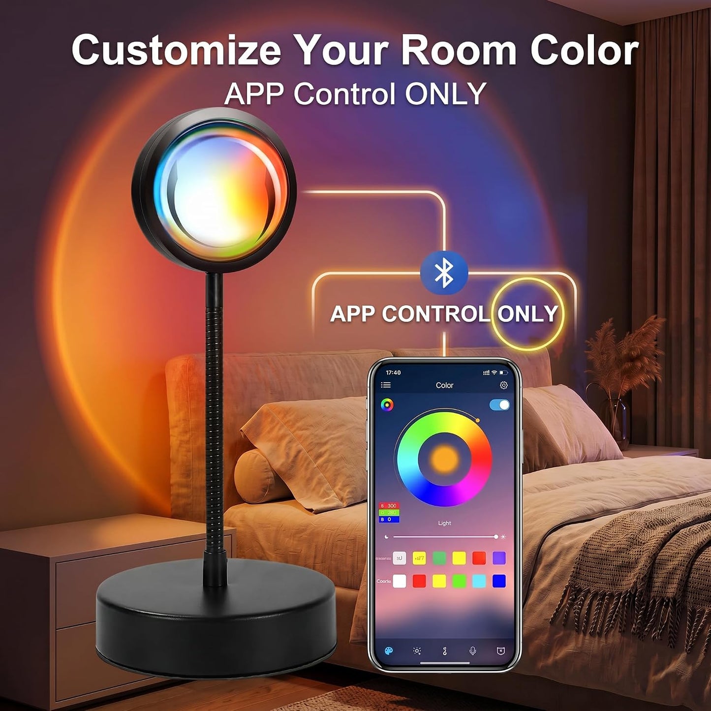 JIMEI Sunset Lamp Projector - Led Lights for Bedroom, RGB Sunrise Lamp, 10w, 360 Rotation, Mood Lighting, Home/Room Decor, Gifts for Women, Desktop APP Control | APP Control,Sunrise Lamp , Mood Lighting, Gifts for Women