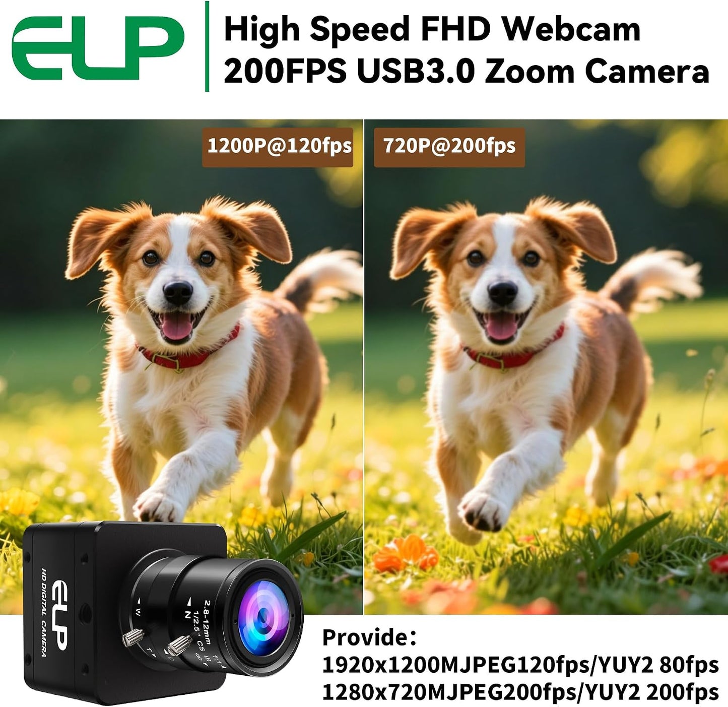 ELP High Speed Global Shutter USB3.0 Zoom Camera, 720P/200fps, 1200P/120fps, USB3.0/2.0 Manual Focus Lightburn Cameras for Windows, Linux, Mac, Pi, Fast Frame 2.8-12mm 4X Zoom AR0234 Webcam for PC