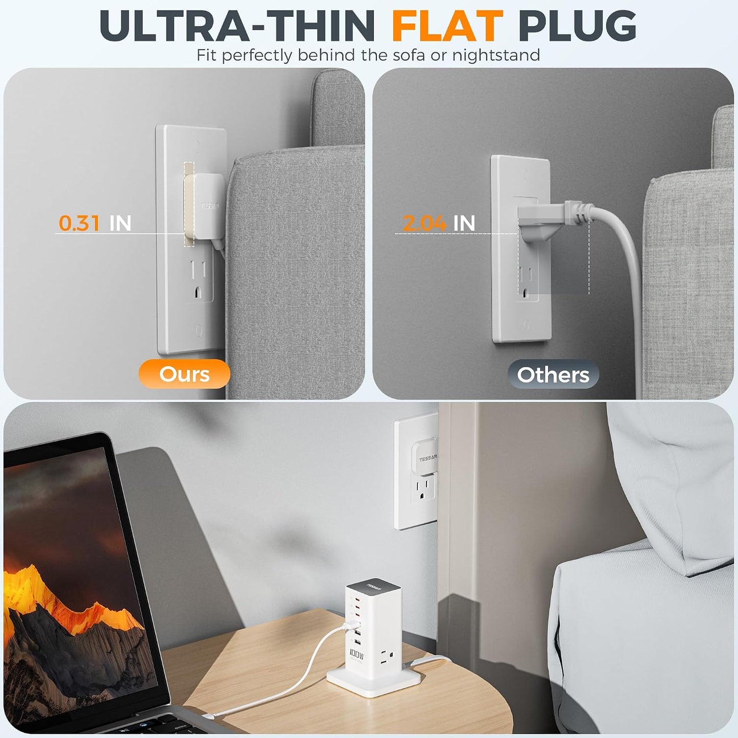 TESSAN 100W USB Charging Station for Multiple Devices 9-in-1 USB Charger | Desktop Accessories with 3 AC Outlet, 3 USB C, 3 USB A for iPhone 17/16/15, MacBook, Tablet, Home Drom Office, White
