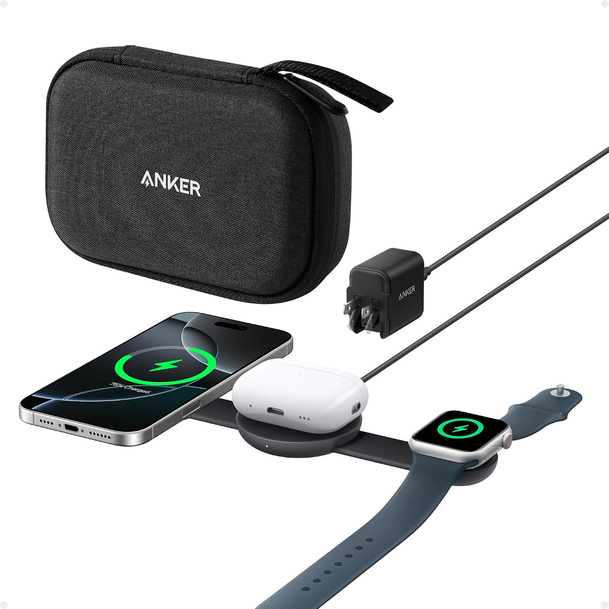 Anker MagGo UFO 3-in-1 MagSafe Compatible Qi2 15W Charging Station | Foldable Travel Design, Wireless Pad for iPhone 17 / 16 Series, AirPods, Apple Watch, and More (Not a Power Bank)