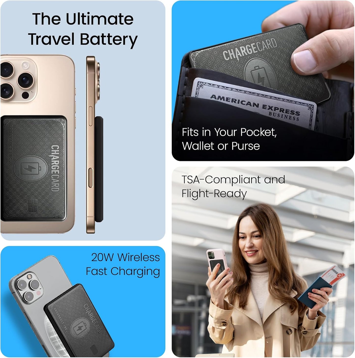 AquaVault ChargeCard Wireless Charge Card Phone Charger 5000mAh MagSafe 20W | Matte black, fits in your wallet. Magnetic attachment works with iPhone 12-17 and Android. 20W fast charge, 5000mAh capacity.