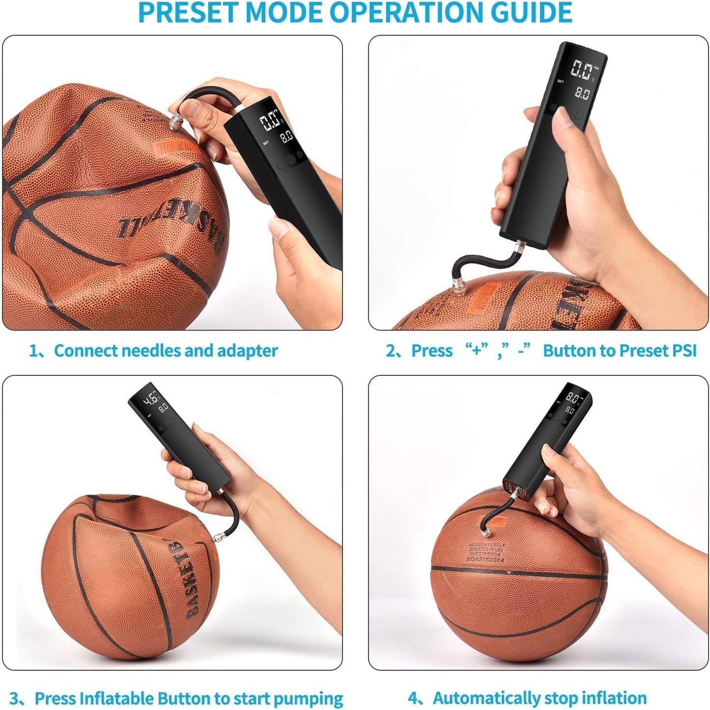 Electric Ball Pump for Sports Balls, Basketball Pump with Gauge and LCD | Portable Ball Inflator for Basketball Football Volleyball Soccer Ball, 15 PSI with 2 Pin and 1 Air Hose