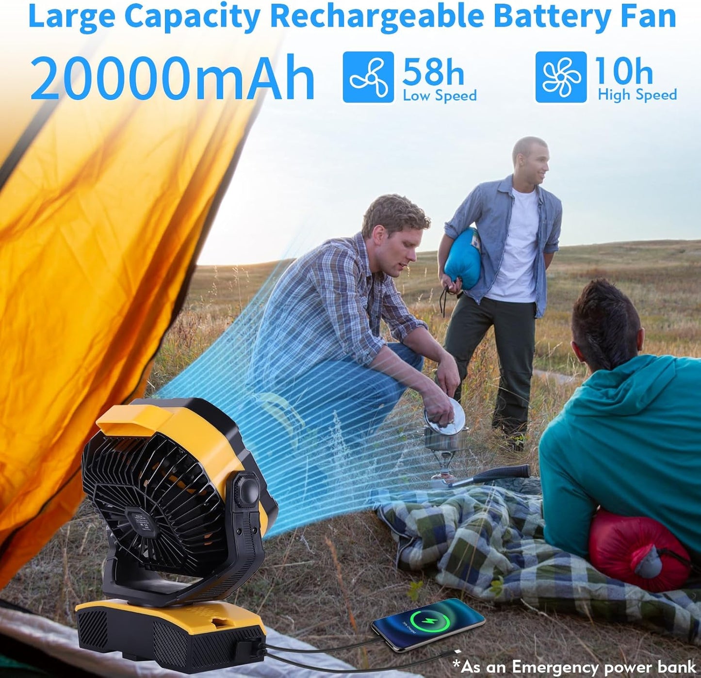 WESTTREE Camping Fan 20000mAh Rechargeable Battery Operated fan Outdoor Tent Fan with Light & Hook 270° Pivot, knob Speeds, Personal fan USB Desk Fan for Camping Power Outage Yellow X68