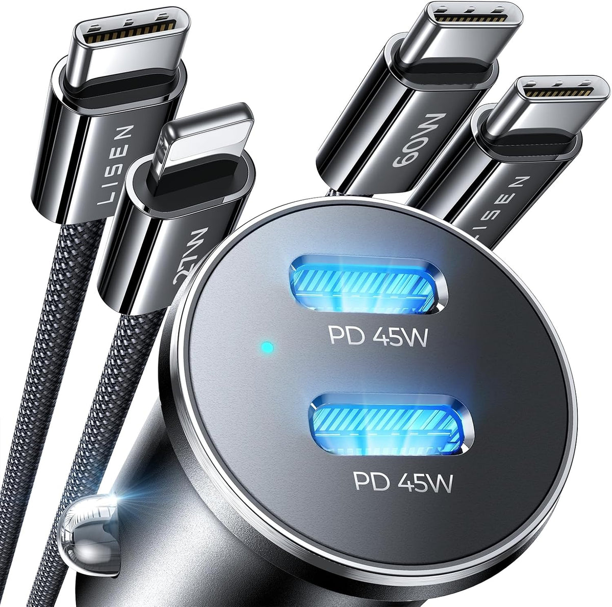LISEN 90W Car Charger USB C Fast Charge,USB C Car Charger,Type C for iPhone | [with Lightning & USB-C Cable] Fast Car Charger for iPhone 17 Pro Max 16 15 14 13 12 11, Type C for Samsung S26 S25 S24