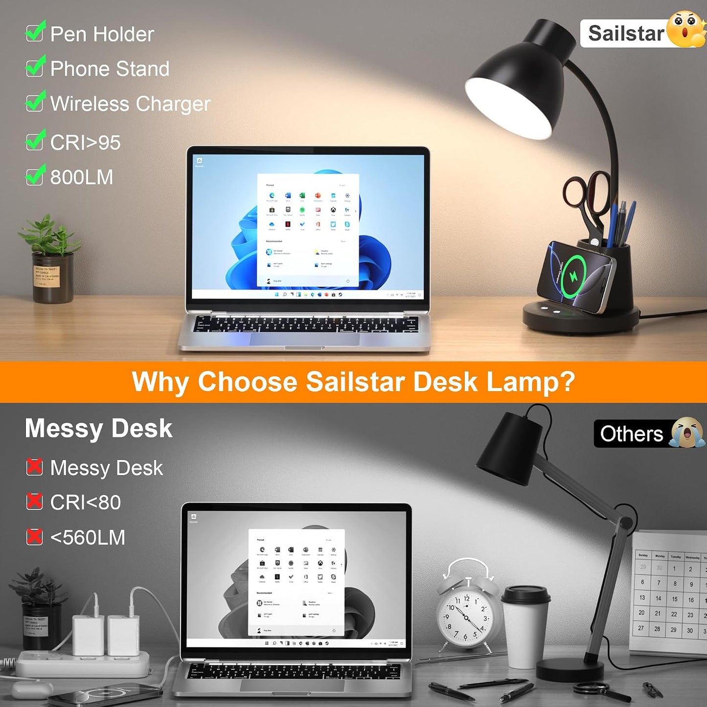10W Wireless Charging LED Desk Lamp with Pen Holder, CRI 95, Black | 800LM, 3 Modes, 360°Flexible Arm, Touch, Brightness, Table Lamp for Home Office, Dorm, Bedside, Study, Reading, with Adapter