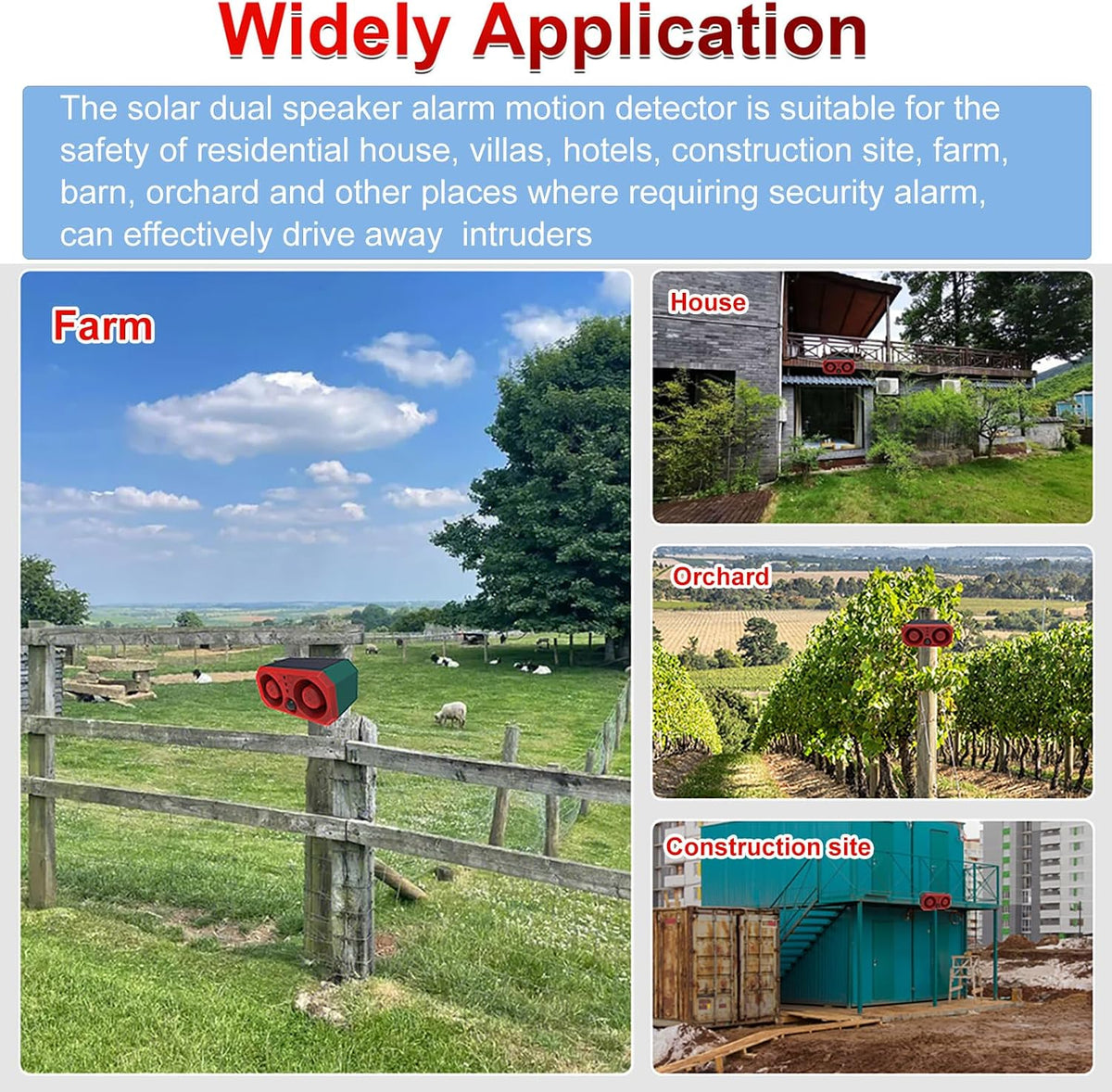 Solar Sound & Strobe Light Alarm Motion Sensor Siren, 13 Sounds & Recording, Dual Speaker 130dB Dog Barking Loud Noise Maker, Security Alert System for Home Farm Barn Villa Orchard (2 Pack)