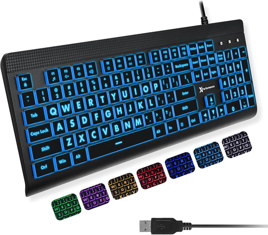 X9 Large Print Backlit Computer Keyboard - Easy to See Big Letters - Lighted USB Wired Keyboard with 7-Colors Backlight LED, Full Size Oversized Light Up Keyboard for Windows, PC, Laptop, Desktop