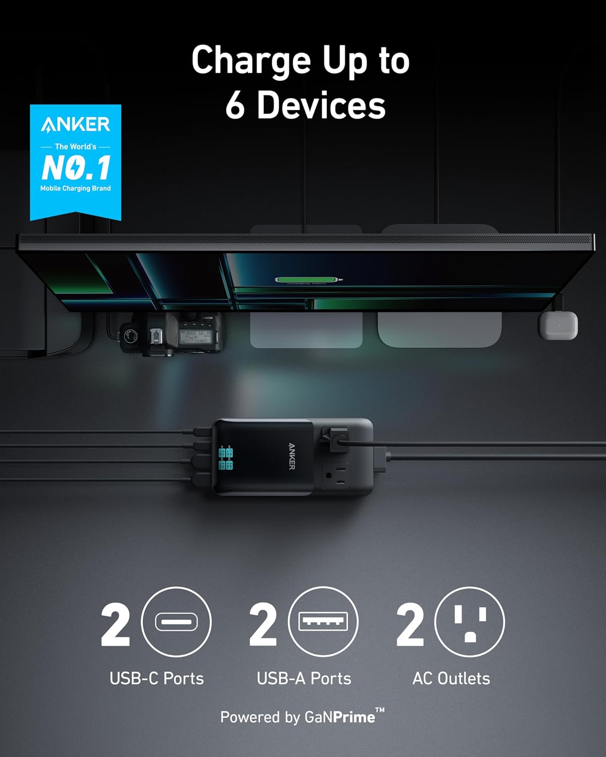 Anker Prime Charging Station, 140W 6-in-1 Travel Power Strip, 2 USB C | 2 AC, 2 USB A, 5ft Detachable Extension Cord with Multiple Outlets, Desk Accessories, Home Office (Non-Battery/Wireless)
