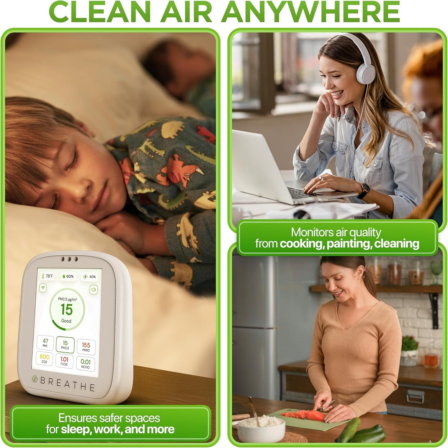 BREATHE Airmonitor Plus Indoor Air Quality Monitor – Smart CO2, PM1 PM2.5 PM10, VOC & Formaldehyde Sensor | Professional-Grade Air Monitor with App