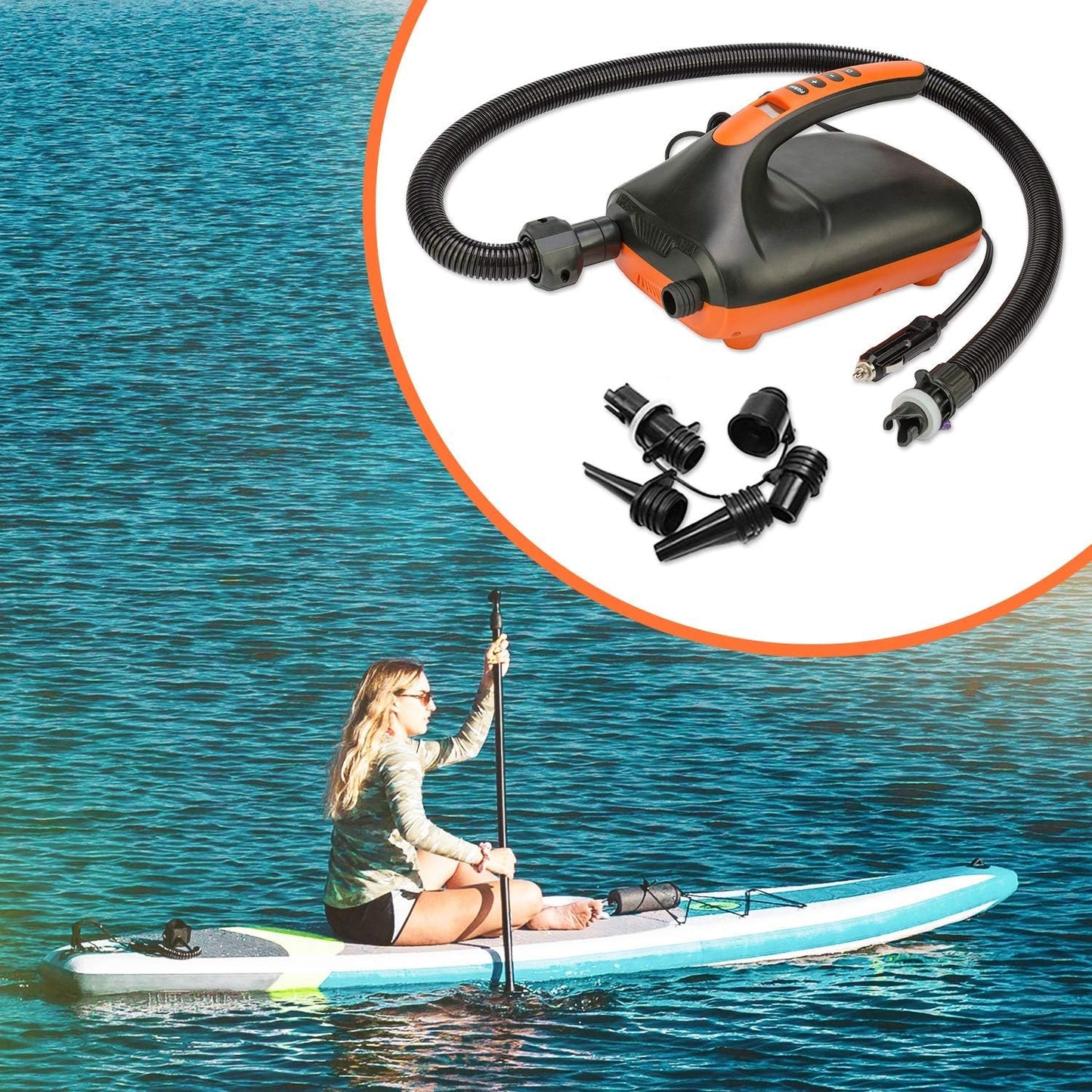 20PSI High Pressure SUP Electric Air Pump,Dual Stage Inflation Paddle Board Pump for Inflatable Stand Up Paddle Boards, Boats,Kayak,12V DC Car Connector