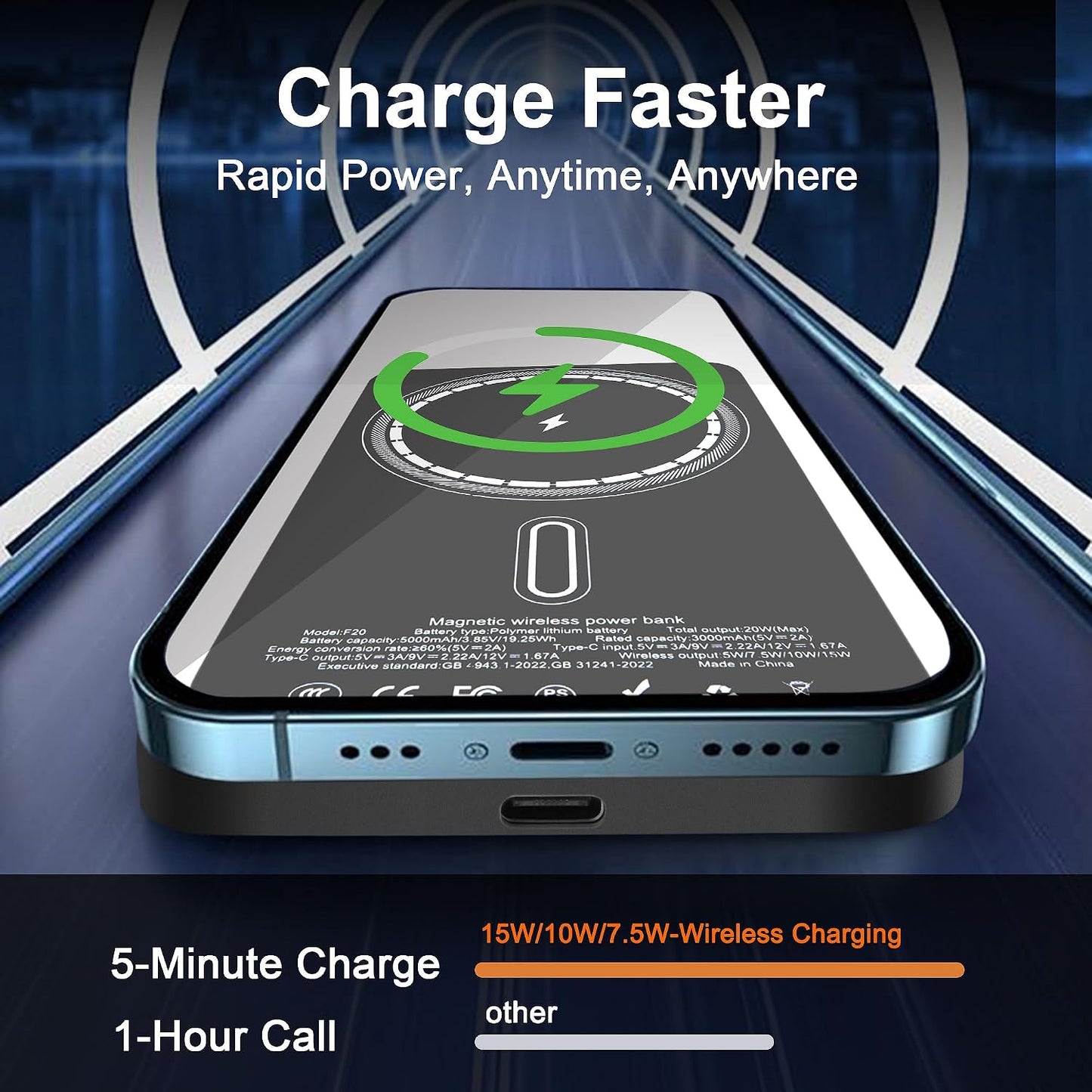 Magnetic Portable Charger 5000mAh, 15W Ultra Slim Wireless Portable Charger, Fast Charging for iPhone 17/16/15/14/13/12 Pro/Pro Max/Plus, Metal Shell, USB-C Cable to Charge Other Phones (Grey)