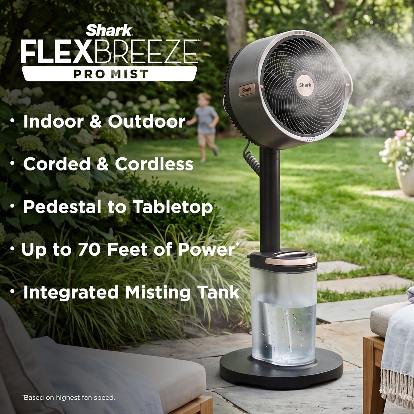 Shark FlexBreeze Pro Mist 2-in-1 Fan with Integrated Mist, Charcoal, FA302 | Corded/Cordless, Pedestal to Tabletop, up to 24-Hr Battery, up to 70 Ft of Power, 5 Speeds, with Integrated Misting Tank