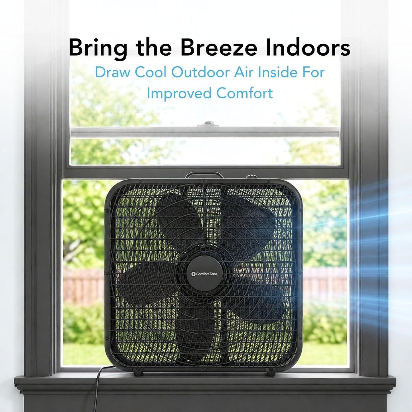 Comfort Zone Box Fan with Carry Handle, 20 inch, 3 Speed Full-Force Air Circulation with Air Conditioner, Floor Fan, Bedroom Fan, Airflow 15.03 ft/sec, Ideal for Home, Bedroom & Office, CZ200ABK