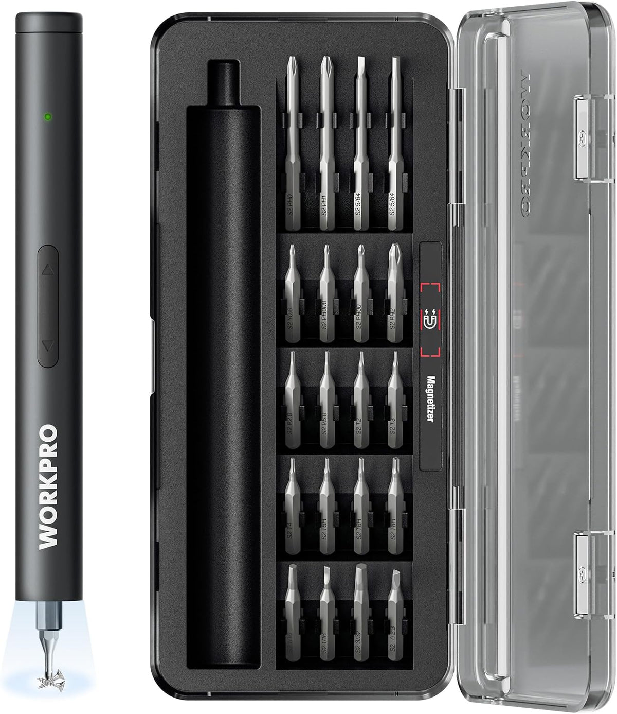 WORKPRO 20-in-1 Mini Electric Screwdriver Set, Precision Screwdriver Set | 20 S2 Steel Bits, 3.6V Type-C Rechargeable, 0.35N.m, LED Light, Precision Repair Tool for Electronics Phone Camera & Laptop
