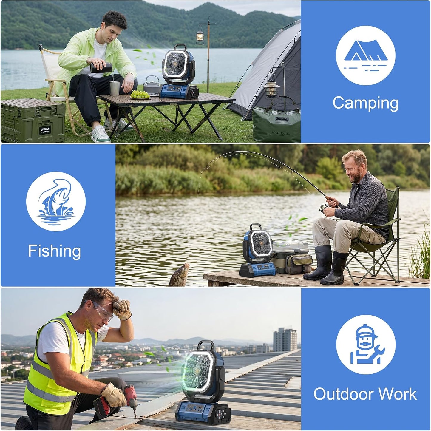 Honesorn 20000mAh Rechargeable Camping Fan with LED Light Remote, Navy Blue | Up to 60H Runtime, 45°/90°Oscillating, Hanging Hook, 4 Speeds, 8H Timer, USB-C Charging, for Camping, Tent, Travel, Outdoor