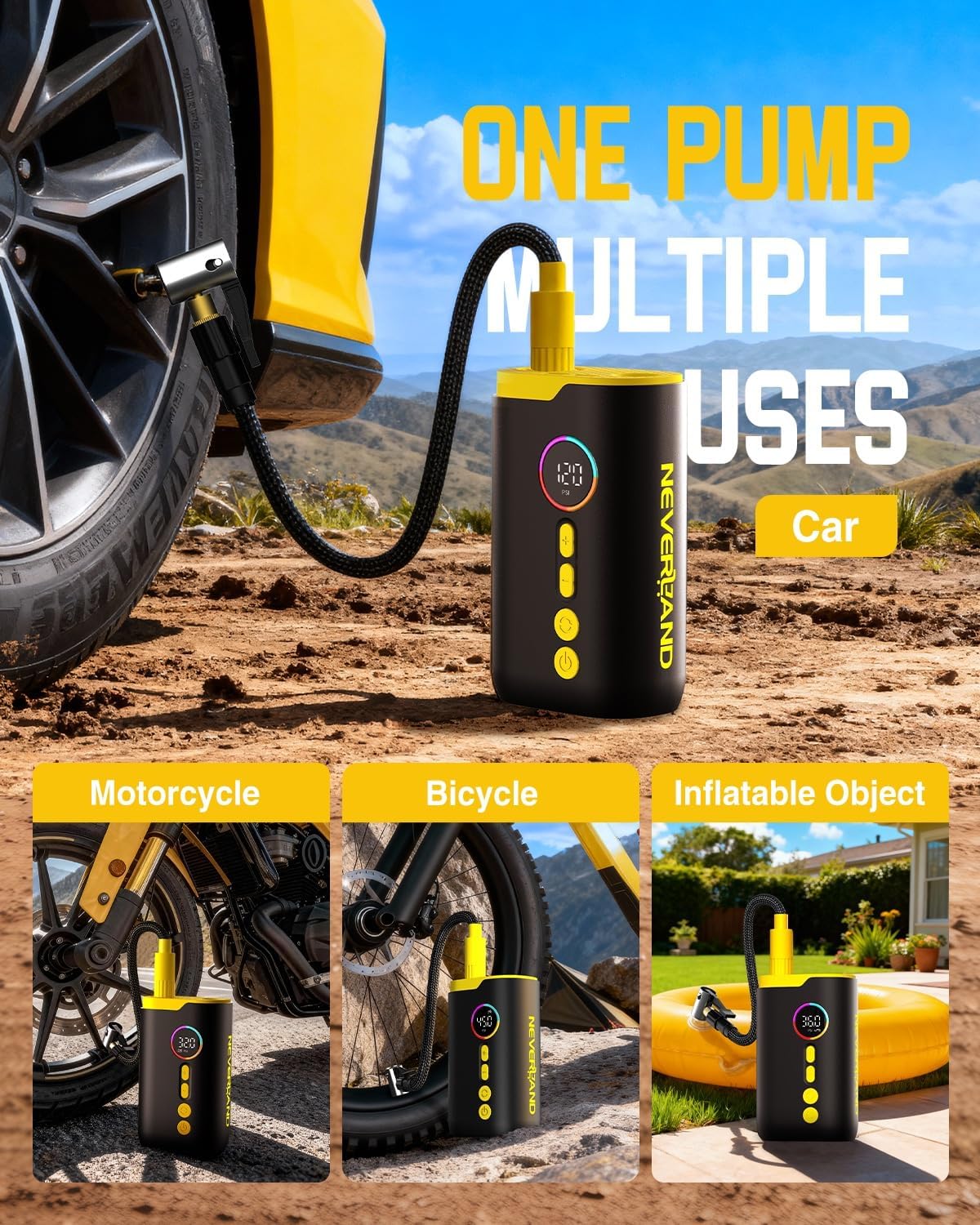 Neverland Tire Inflator Portable Air Compressor - 150 PSI Electric Air Pump for Car Tires with Auto Shutoff Function, Cordless Tire Air Pump for Bicycle, Motorcycle with Gauge