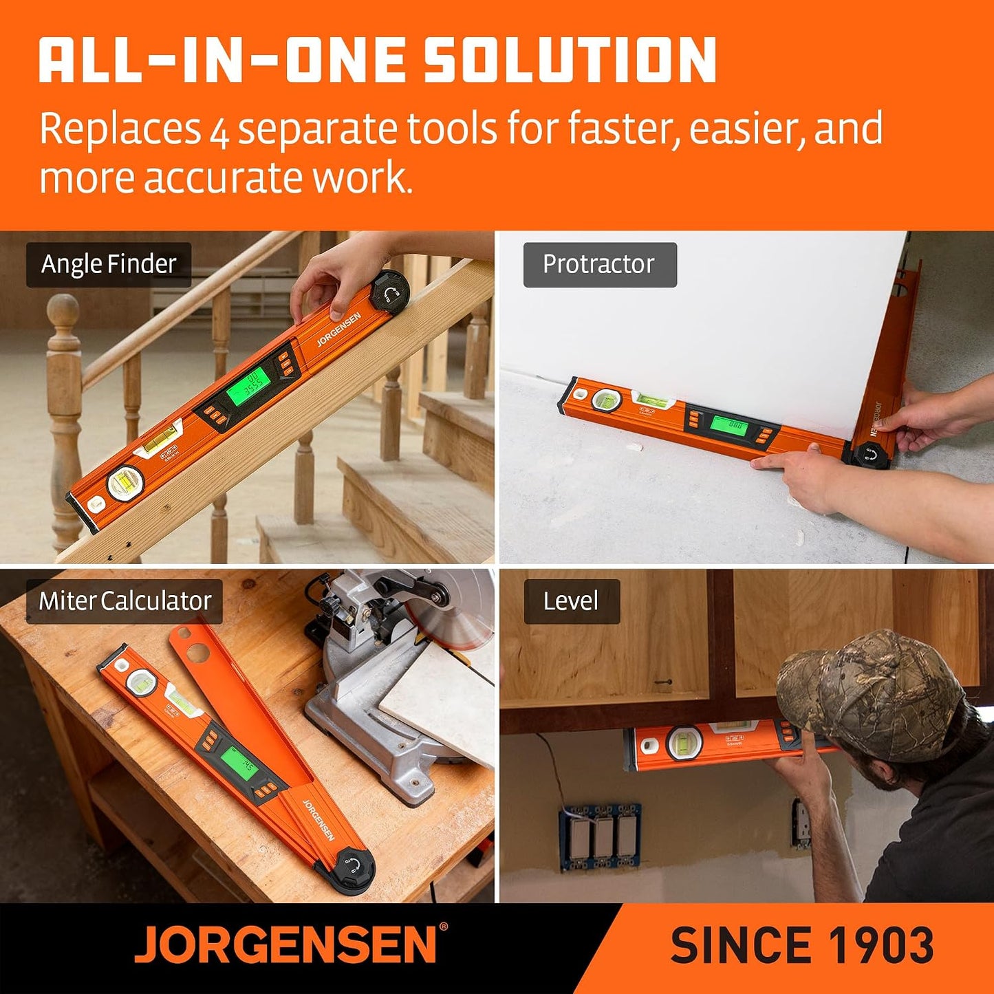 JORGENSEN Digital Angle Finder, Protractor Digital Level | Simple & Compound Miter Cuts;Portable Hanging Hook;Data Hold Function;4 Measurement Units;Easy Unit Switching