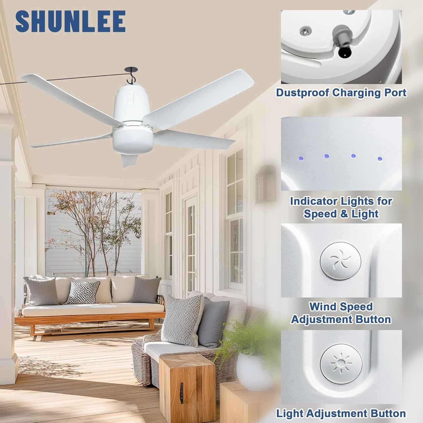 SHUNLEE Solar Outdoor Ceiling Fan Light 31.5'', 60W Solar Powered Portable Gazebo Fan With Remote and Hook, 3000K-6000K LED, 40000mAh Large Hanging Canopy Fan (31.5 inch)