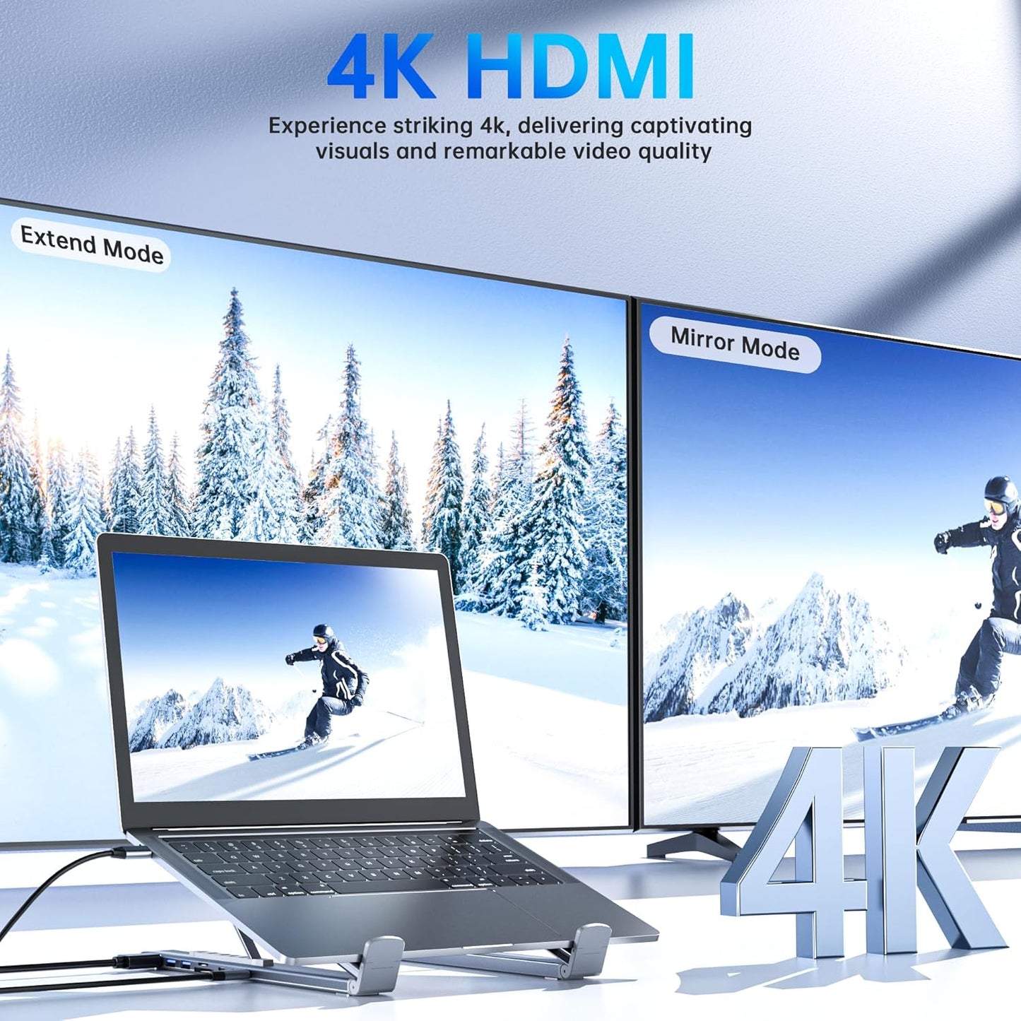Laptop Stand with Docking Station, 8 in 1 USB C Hub HDMI Portable Laptop Stand for Desk with USB Ports, Multiport USBC Dock Stands Foldable Adjustable Computer Riser Holder Dongle for MacBook