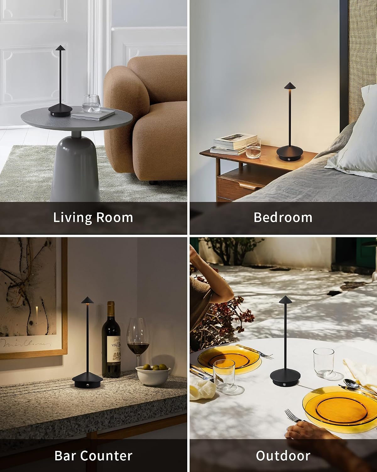 Modern Cordless Table Lamp Set of 2, Black Portable LED Desk Lamps | 5000mAh, Rechargeable, Battery Operated Lighting for Bedroom, Dining Room, Restaurant, Coffee Shop, Camping, Night Light