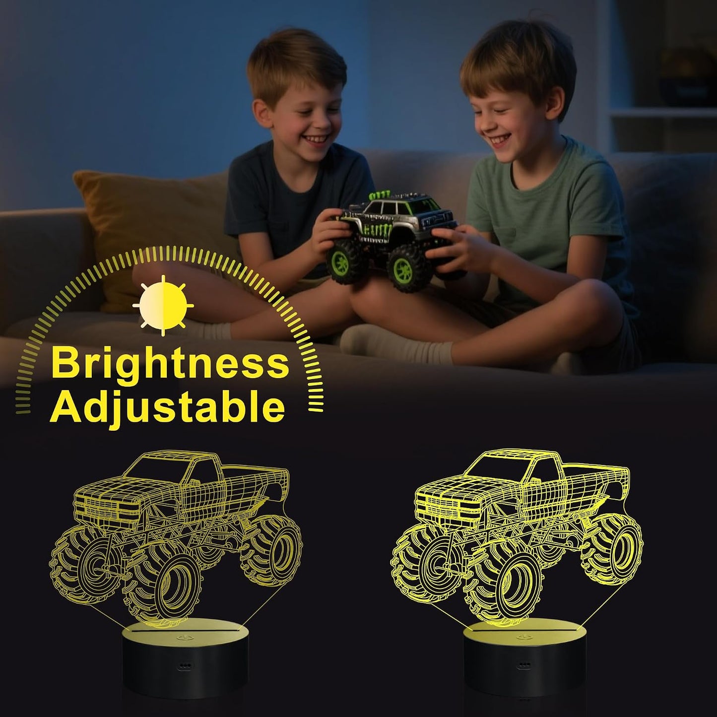 3D Night Lights for Children, Kids Night Lamp, Monster Trucks for Boys, 16 LED Colors Changing Lighting, Car Shape Acrylic Lighting Table Desk Bedroom Decoration, Ideas Birthday Xmas