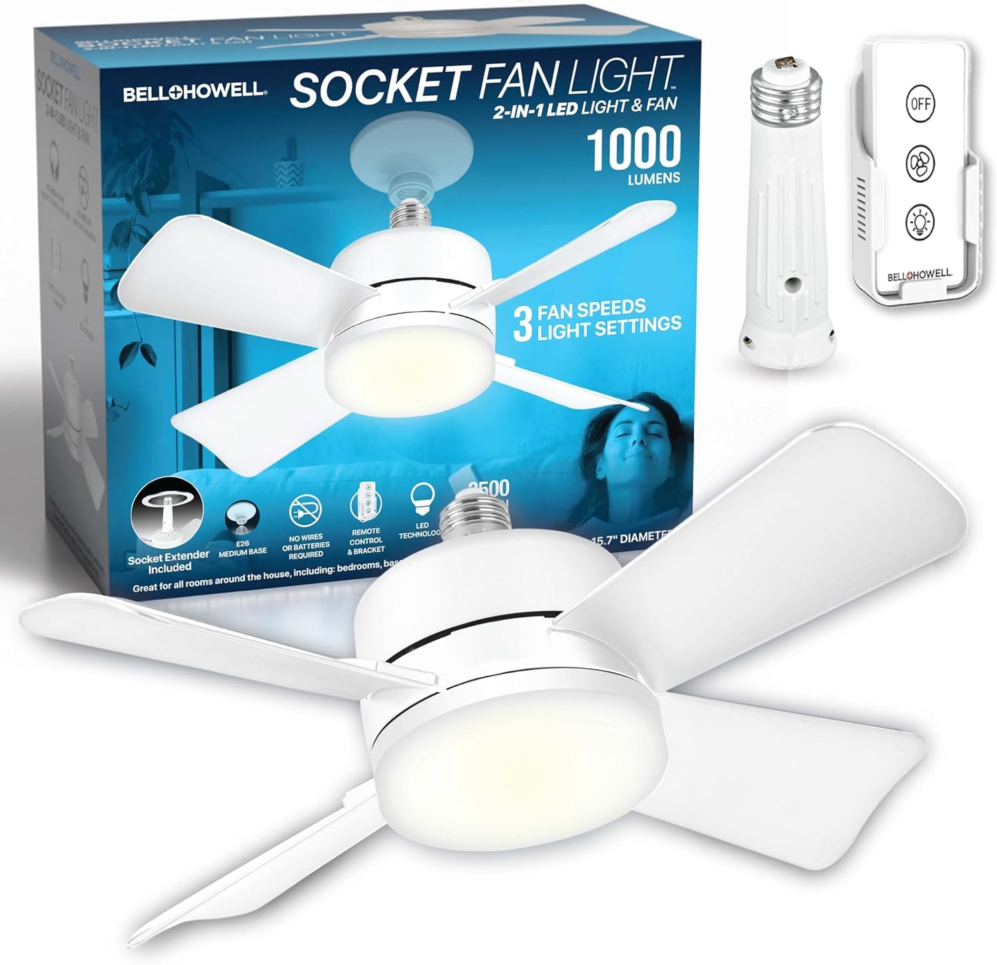 SOCKET BREEZE 15.4" Socket Fan Light Celing Fan with Remote Control | 1000 Lumens, 3 Speed & Light Modes, Portable Easy to Install Ceiling Fans Replacement for Bedroom, Bathroom, Living Room