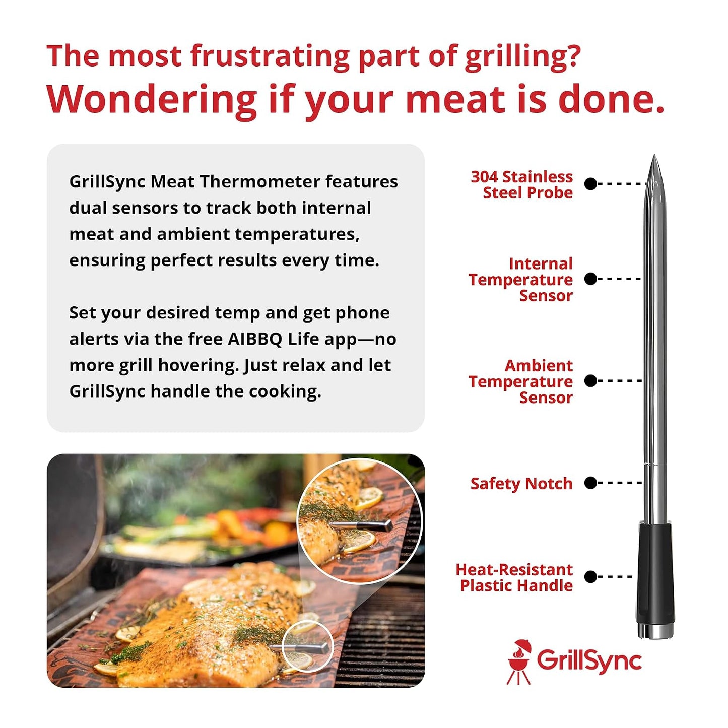 Grill Sync Wireless Meat Thermometer for Grilling, Smoking, Bluetooth | Dual Sensor Probe, Smart App Control for Grill, Smoker, Oven, Air Fryer, Waterproof Probe, USB-C Charging Case, Cooking