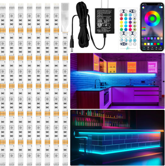 LAFULIT 8 Pack RGB Under Cabinet Lights with App and Remote Control | Music-Sync Color-Changing Plug-In LED Strip Lights for Cabinets, Counters, Shelves and Bookcases, 13 ft