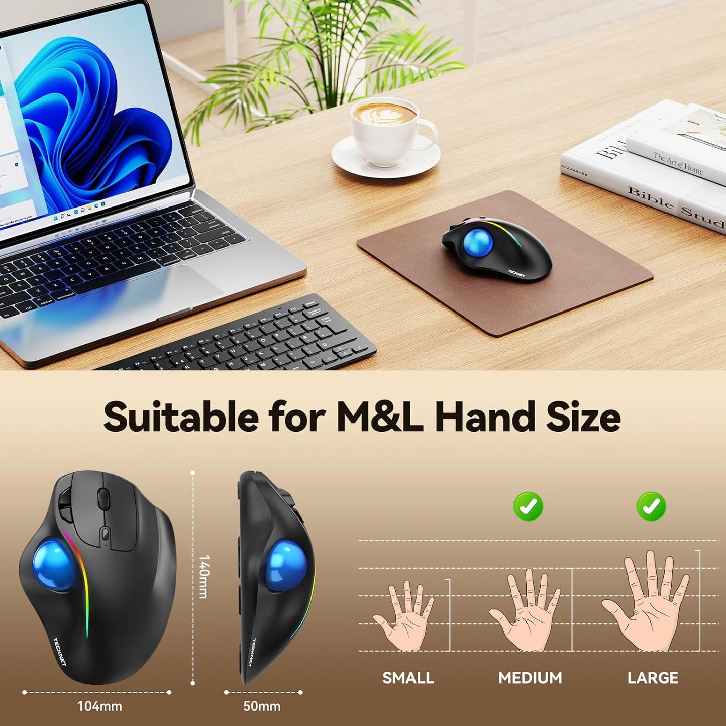 TECKNET Wireless Trackball Mouse, Bluetooth Mouse with Ergonomic, Black | 3-Device Connectivity (Bluetooth & 2.4G), 5 Adjustable DPI, RGB Lighting, PC, Mac & Laptop Compatible