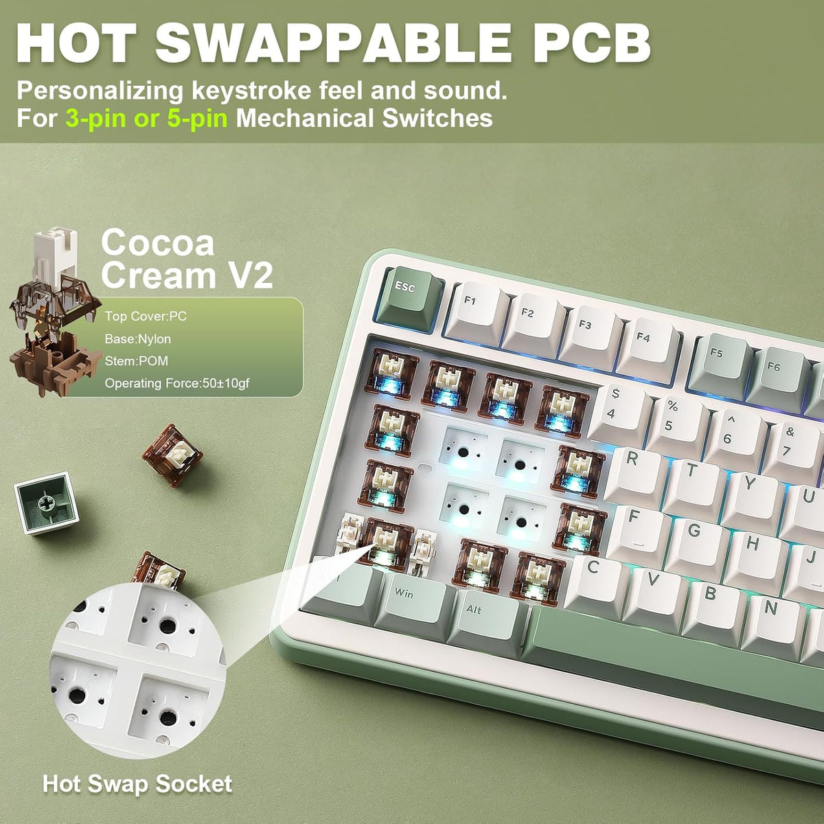 YUNZII B75 PRO 75% Wireless Mechanical Keyboard(Matcha Green,Cocoa V2) | Hot Swap Keyboard with Knob, Gasket Mount, Creamy Pre-lubed Switch for Smooth Typing, BT/USB-C/2.4G, for Gaming