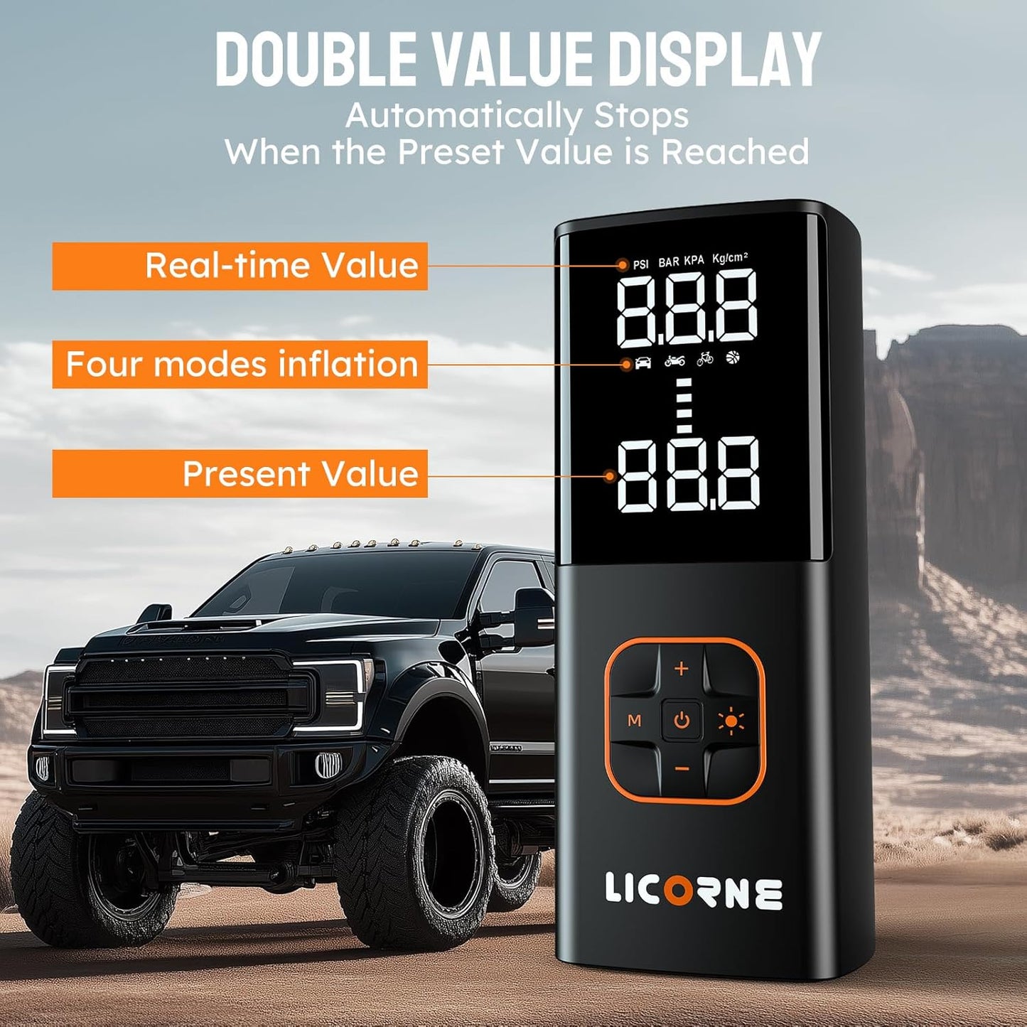 LICORNE Tire Inflator 5X 180 PSI Cordless inflator with Digital Pressure | 5X faster, 7800mAh battery, digital gauge, auto shut-off, 4 modes for car/bike/motorcycle/ball, USB-C power bank, LED light