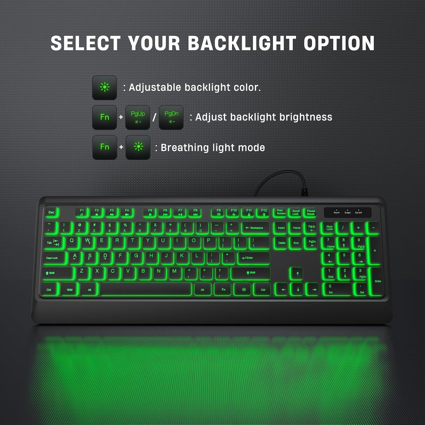 Luzarriba Backlit Computer Keyboards, Wired USB LED Keyboard with 7 Colors Backlight, Plug and Play, Waterproof, Full Size Quiet Computer Keyboard for Windows Desktop, PC, Laptop, Gaming