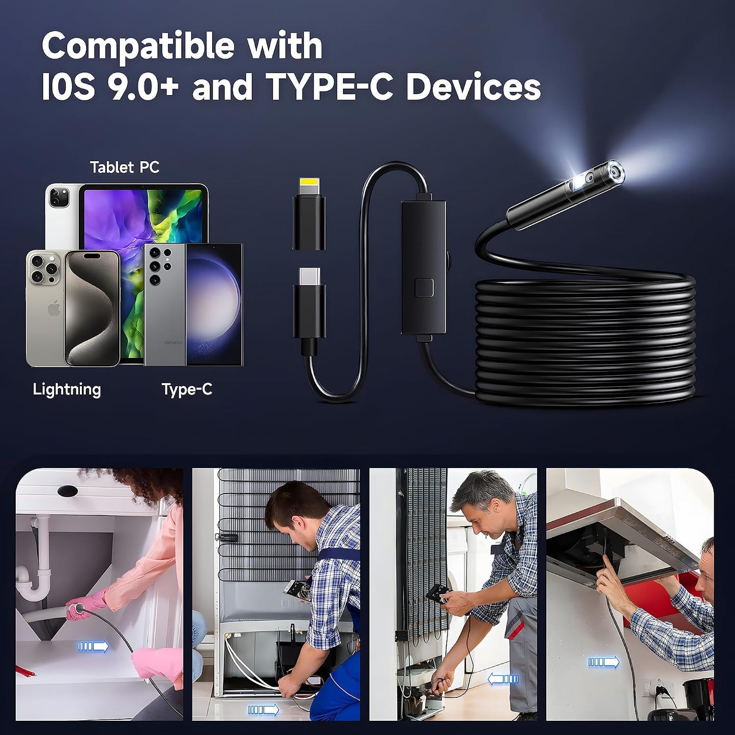 [Dual-Lens] Endoscope Camera with Light, 1920P HD Borescope with 8+1 Adjustable LED Lights, IP67 Waterproof 16.5FT Semi-Rigid Snake Cord Inspection Camera for iPhone, iPad and Android Phone (Type C)