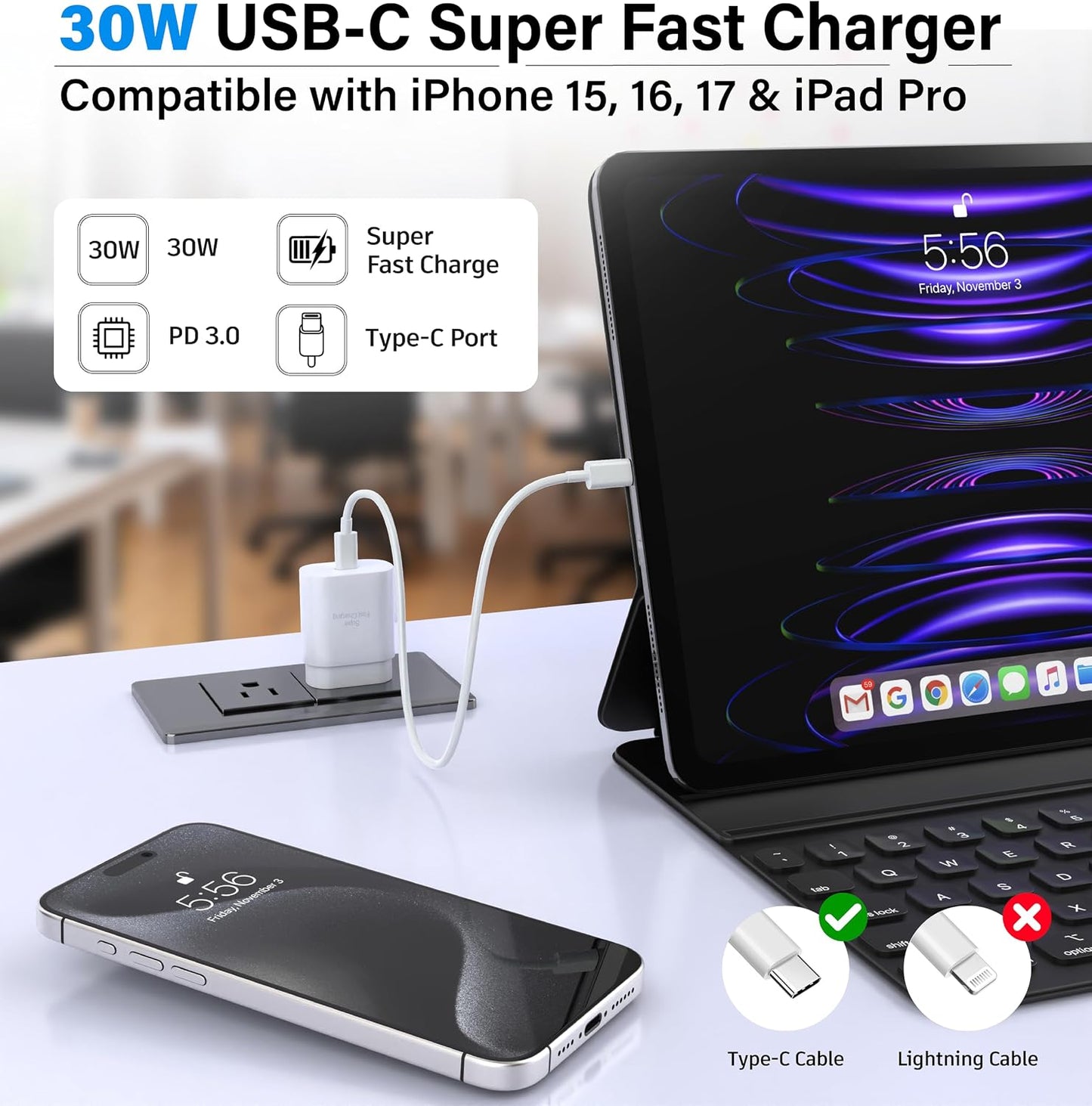 TT&C 2-Pack 30W USB C Fast Charger, USB-C Block with 10FT & 6FT Cable | PD 3.0 Power Wall Block Compatible with iPhone 17,16, 15, Pro Max, & for Galaxy S26 S25 S24 Ultra & iPad Pro (White)