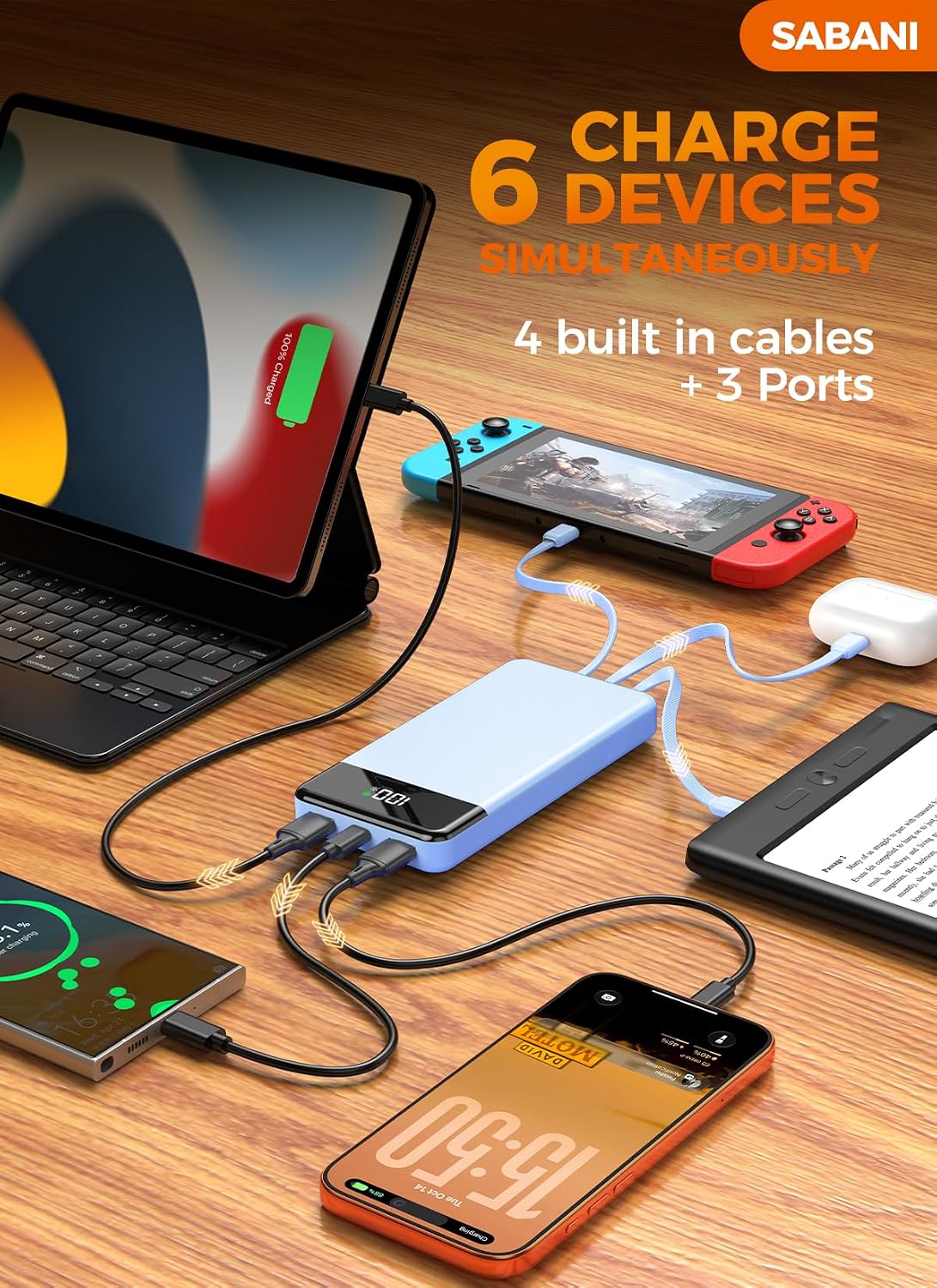 SABANI Portable Charger 35000mAh Power Bank, 4 Built in Cable Big Capacity | Ultra Slim, 22.5W Fast Charge, Travel Camping Essential, USB C External Battery Pack for iPhone Samsung Android, Azure