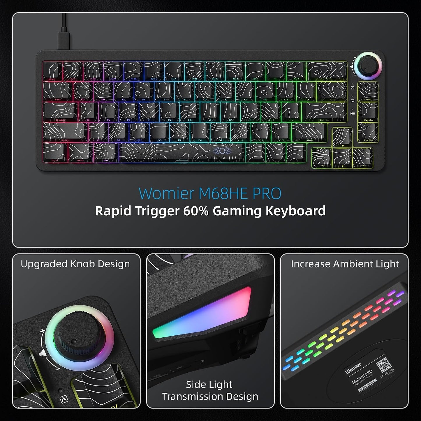 Womier M68HE PRO 60% Percent Keyboard Rapid Trigger Gaming Keyboard RGB | Hall Effect Topographic Keyboard,Wired Custom 8000 Hz Mechanical Keyboard with Magnetic Switch,PBT Keycap for Mac/Win,Black