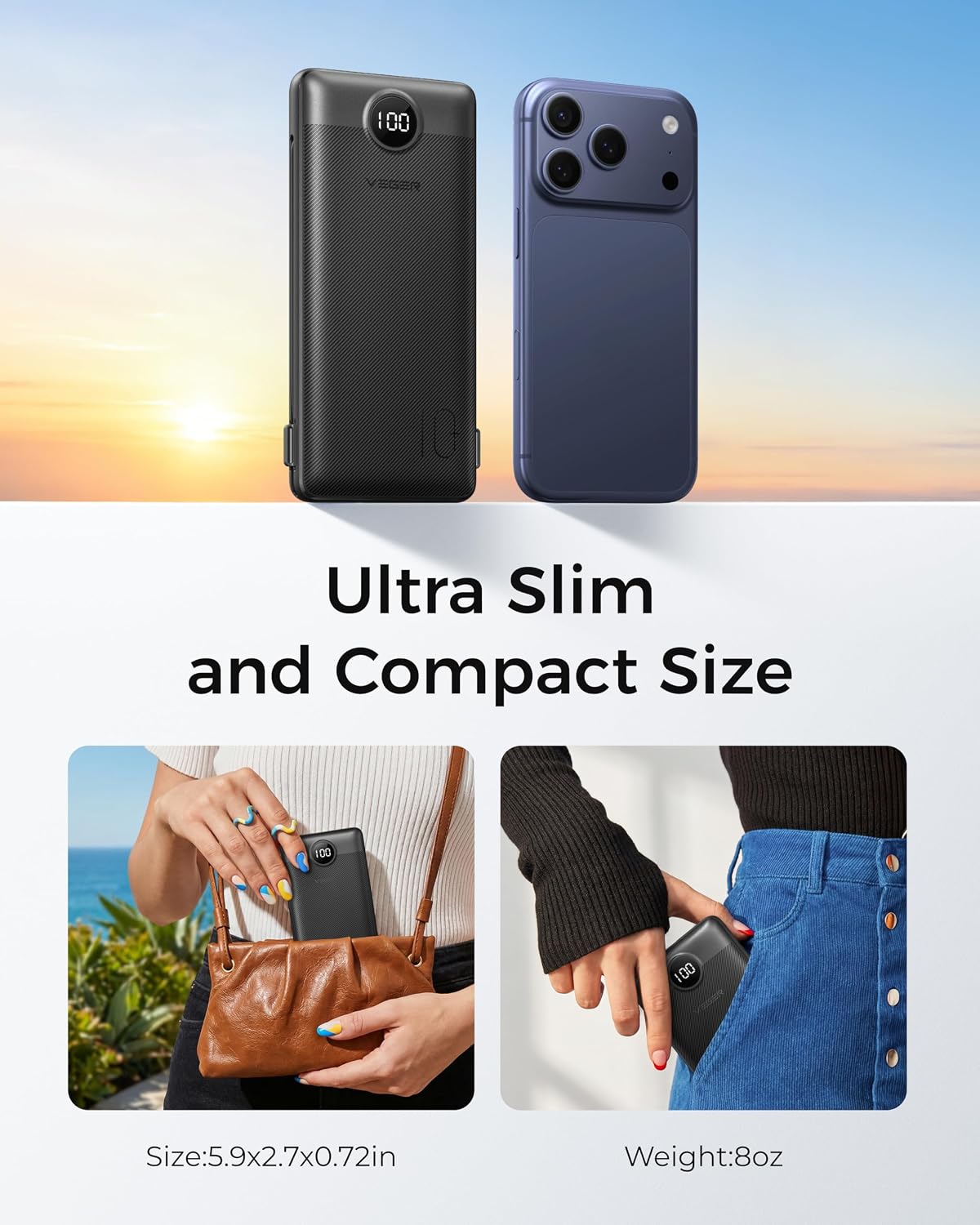 VEGER Portable Charger for iPhone, Power Bank Built in Cable and Wall Plug | 10000mAh,Ultra Slim&Compact,5 Outputs,LED Display,Flight-Safe,Travel Essentials Battery Pack for iPhone 17,iPad, Samsung,etc