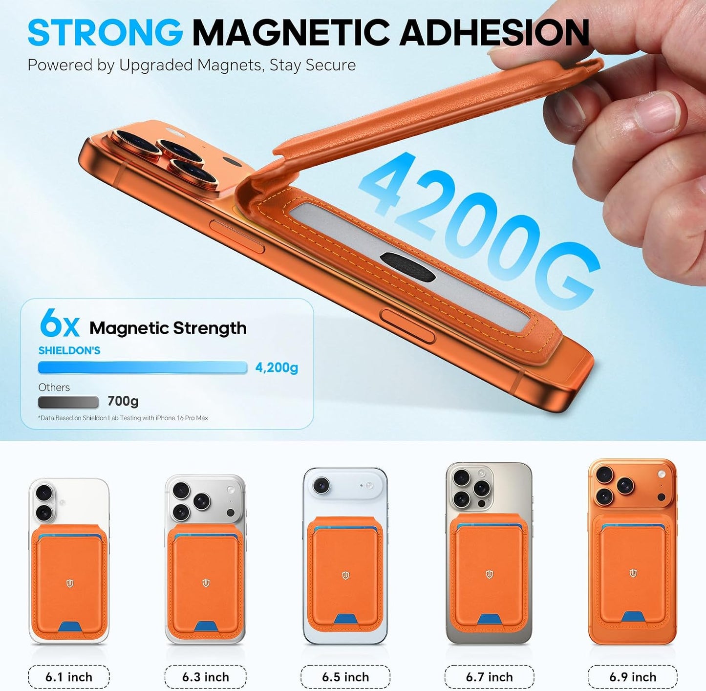 SHIELDON Genuine Leather Magnetic Wallet Stand for MagSafe, Orange | Strong Magnetic, 6 Card Holders, Kickstand, Rfid Blocking, Quick-access, ID Window, for iPhone 17/16/15/14/13/12 Series