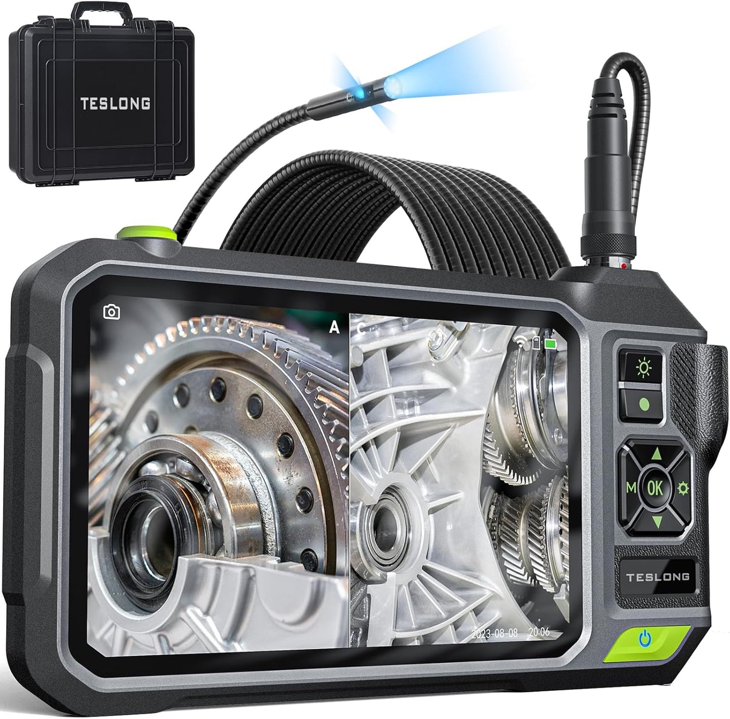 Teslong NTS700 Triple Lens Borescope with 7" 720P IPS Screen | 16.5FT Replaceable Gooseneck for Automotive HVAC, 1280x720 HD Display, 8+1+1 LEDs, IP67, 6000mAh, 32GB, 5FT, Hard Case