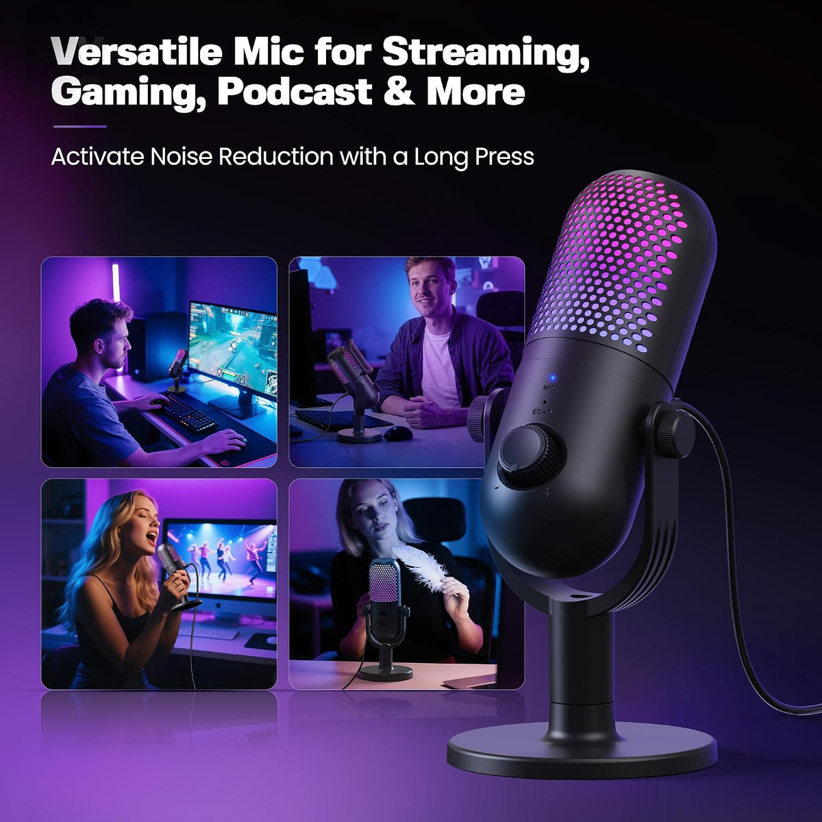 USB Microphone for PC Gaming: Condenser Microphone RGB for Gamer with Stand Mic - Recording Mic for Computer&amp;Laptop with Qiuck Mute - Desk Podcast Mic for Podcast &amp; Singing &amp; Streaming &amp; Youtube Black