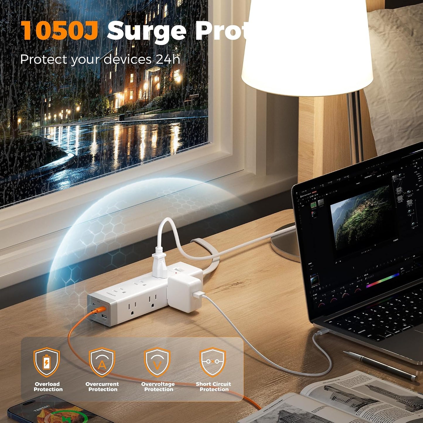 TESSAN Surge Protector Power Strip with 1050J Protection, 6 Ft, Grey | 9 Outlets with 4 USB (2 USB C), Flat Plug Extension Cord, 20W Multiple Charging Station for Home, Office, College Dorm Room