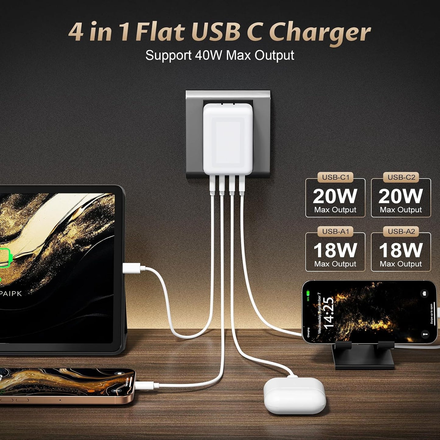 2Pack Flat USB C Charger Block, 40W 4Port Foldable+Slim Fast Charger Block | Wall Plug, Thin Type C Cube Box for iPhone 17 Pro Max 16 16e 15, Samsung S25 S24, Pixel, Tablets, Multiport Power Adapter